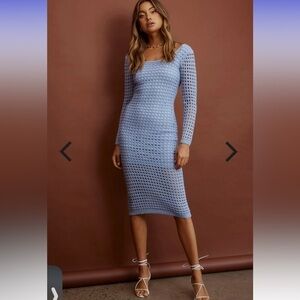 NWT Indikah Selfie Leslie Fleur Crochet Overlay Long Sleeve Midi Dress Blue XS